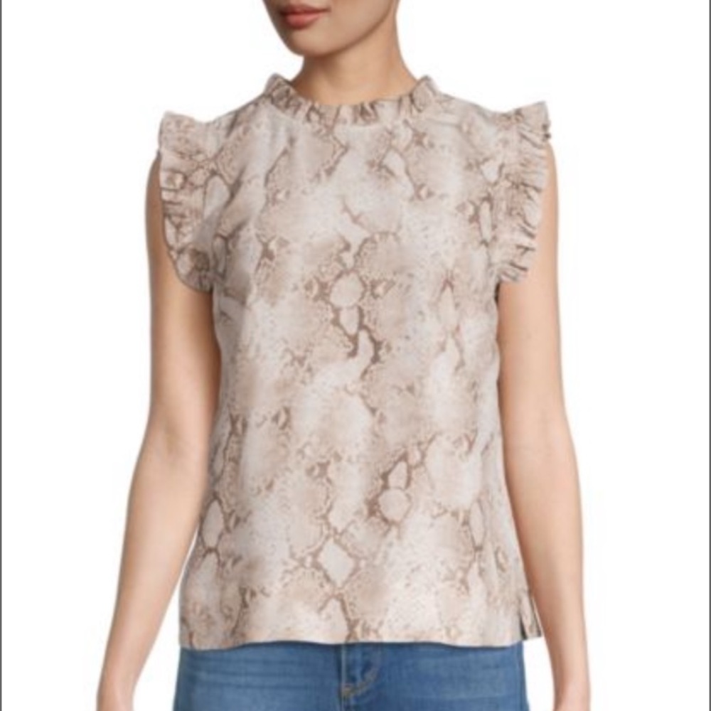 NWT Elie Tahari Brown And Tan Snakeskin Print Flutter Sleeve Silk Top - Picture 2 of 10